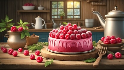 Wall Mural - Raspberry cake on a wooden table in a rustic style kitchen