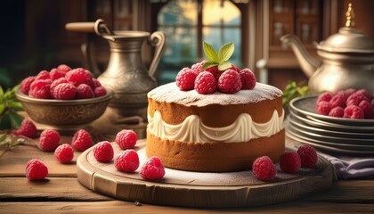 Wall Mural - Raspberry cake on a wooden table in a rustic style kitchen