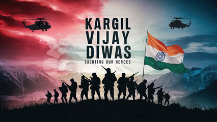 Kargil Vijay Diwas, Post | Kargil Vijay, Poster, Kargil Vijay Diwas Poster, Banner, Indian flags and soldier silhouettes | Social Media Poster | Kargil Vijay Poster 