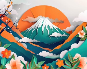 Serene Kirigami Art of Mount Fuji with Symmetrical Composition and Vibrant Color Palette