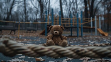 Wall Mural - On a dreary day at the playground a forlorn brown teddy bear toy rests on a rope frame embodying the essence of loneliness and loss an apt symbol on International Missing Children Day