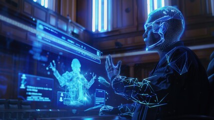 Leinwandbilder - A man is sitting in front of a computer screen with a blue face on it. The man is wearing glasses and he is looking at the screen