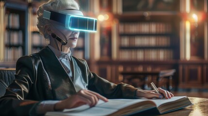 Aufkleber - A woman wearing a virtual reality headset sits at a desk with a book in front of her. She is writing in a notebook while wearing the headset