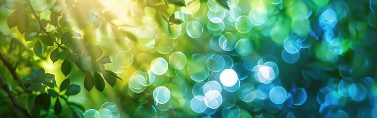 Poster - A green leafy tree with a bright blue sky in the background. The sky is filled with many small, round, blue and white circles