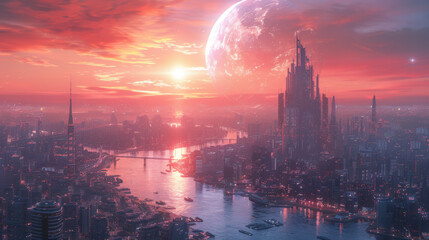 Wall Mural - View of Futuristic City on Alien Planet