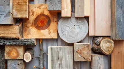 Poster - A collection of wood pieces with different shapes and sizes, including a large log. Concept of rustic charm and natural beauty, as the various wood pieces are arranged in a visually appealing manner