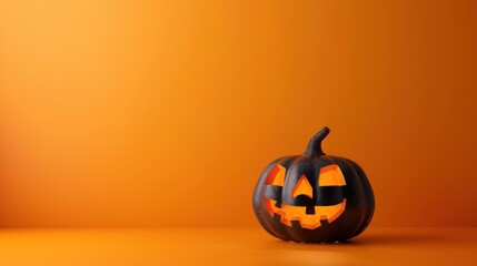Poster - A lit black jack olantern pumpkin sits on an orange background. The pumpkins carved face is lit from within, casting a warm glow. The image evokes a festive and spooky atmosphere, perfect for Hallowee
