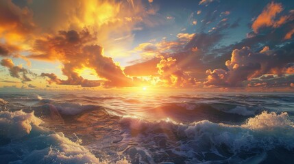 A breathtaking sunset paints the sky in hues of orange and pink as the sun dips below the horizon. The ocean below is a deep blue, with whitecaps cresting the rolling waves. The clouds above are a mix