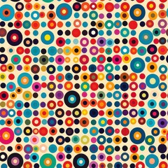 Aufkleber - This digital artwork features a seamless pattern of colorful circles of various sizes, with some having a solid color and others having a concentric ring pattern. The background is a light yellow-beig