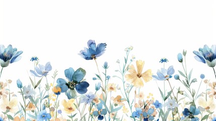 Poster - This watercolor painting depicts a beautiful arrangement of blue and yellow flowers, set against a white background. The flowers are painted in a delicate and realistic style, capturing the beauty and