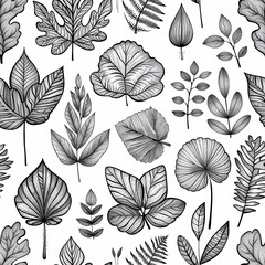 Poster - This image features a seamless pattern of various detailed leaves, all drawn in black ink on a white background. The leaves are arranged in a random pattern and each leaf is intricately detailed with 