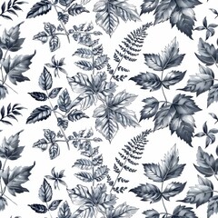 Poster - A detailed black and white drawing of various types of leaves on a white background. The leaves appear to be hand-drawn and have a delicate, intricate quality. The pattern features a variety of leaf s