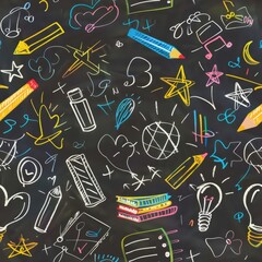Poster - A seamless pattern featuring colorful hand-drawn school supplies and objects, such as pencils, books, erasers, stars, hearts, and lightbulbs, on a black chalkboard background. The whimsical illustrati
