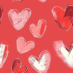 Aufkleber - This image shows a seamless pattern of pink and red hearts on a coral background. Each heart is hand-drawn with a brushstroke effect, giving the image a whimsical and romantic feel. The hearts are arr