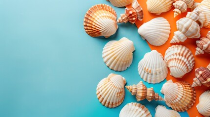 Leinwandbilder - This image features a collection of seashells arranged on a vibrant blue and orange background. The shells are a mix of shapes and sizes, with some featuring intricate patterns and textures. The blue 