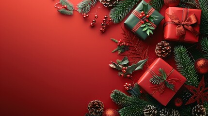 Aufkleber - A flat lay of three Christmas gifts wrapped in red and green paper with pine branches and pine cones on a red background. The gifts are arranged in the top right corner of the image.