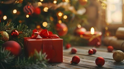 Aufkleber - A red gift box sits under a Christmas tree, surrounded by red and gold ornaments on a wooden table. The tree is decorated with twinkling lights, and the background is a blurred image of a warm, cozy r