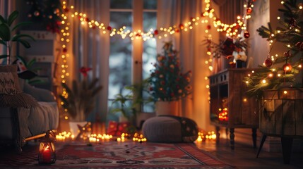 Poster - A living room decorated for Christmas, with warm string lights strung around the room and a decorated Christmas tree. A lantern glows softly on the floor, and a few presents are visible in the backgro