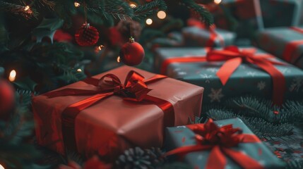 Aufkleber - Close-up photo of a red gift box with a red ribbon wrapped around it. It is lying on the floor next to other wrapped presents and a decorated Christmas tree.
