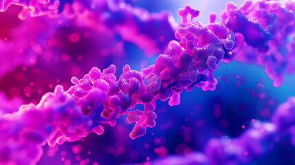 Poster - Close-up view of a vibrant pink and purple DNA molecule on a dynamic background.