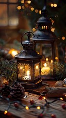 Poster - Two lanterns with lit candles and a string of lights are arranged on a wooden tabletop. The table is decorated with pine branches, pine cones, and ornaments. The background is blurred, suggesting a co
