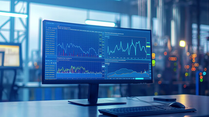 Poster - Computer monitor displaying data analysis and performance charts in an industrial control room setting.