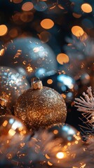 Poster - A close-up shot of a gold Christmas ornament with a glittery finish, surrounded by other ornaments and a soft, white artificial pine branch. The background is blurred with warm, bokeh lights.