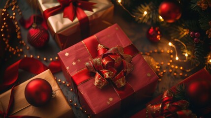 Aufkleber - A close-up shot of a group of red gift boxes adorned with festive red ribbons and bows. The boxes are arranged under a Christmas tree, with twinkling lights and ornaments visible in the background. Th