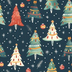 Poster - This digital illustration depicts a festive Christmas pattern featuring a variety of colorful Christmas trees adorned with ornaments and snowflakes. The trees are rendered in a watercolor style, creat