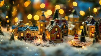 Poster - A close-up shot of a miniature Christmas village with small, decorated houses and trees. The scene is lit by warm, twinkling lights, creating a magical and festive atmosphere. The houses are covered i