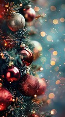 Aufkleber - A close-up image of a Christmas tree decorated with red and silver ornaments. The tree is lit with white lights and the background is a bokeh of warm and cool colors.