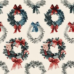 Poster - A seamless pattern featuring vintage-style Christmas wreaths decorated with red and blue bows. The wreaths are adorned with holly, berries, and candy canes, creating a festive and traditional holiday 