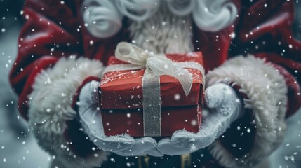Aufkleber - A close-up photo of Santa Claus holding a red wrapped gift in his gloved hands. He is wearing a traditional red suit and white fur trim. The gift is tied with a white ribbon and is covered in snowflak