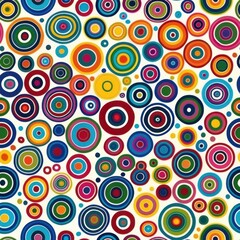 Poster - A vibrant seamless pattern featuring overlapping concentric circles in various sizes and colors on a white background. The circles are filled with bright hues of red, yellow, blue, green, orange, and 