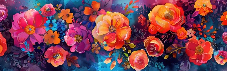 Poster - This vibrant watercolor painting features a beautiful array of orange, pink, and blue flowers with dark green foliage, set against a dark blue and purple background. The flowers are painted in a loose