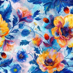 Poster - This image features a watercolor pattern of vibrant flowers and leaves. The flowers are a mix of yellow, orange, and blue hues, with intricate details in the petals and center. The leaves are a deep b