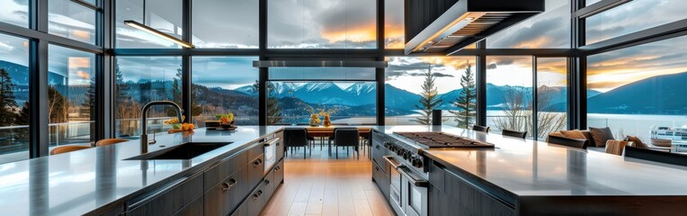 Poster - A large kitchen with a view of mountains and a lake. The kitchen is very modern and has a lot of natural light coming in from the windows