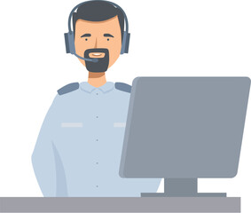 Poster - Security guard wearing headset smiling while working at his desk monitoring a computer