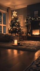 Poster - This image shows a cozy living room decorated for Christmas. A fully decorated Christmas tree stands in the center of the room, glowing with white lights. A fireplace with stockings hung above it is o