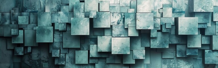 Poster - A wall of blue squares with a gray background. The squares are of different sizes and are arranged in a way that creates a sense of depth and movement