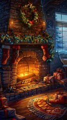 Poster - This festive image captures the warmth and magic of Christmas. A brick fireplace with a roaring fire and a glowing wreath above is decorated with stockings hanging on the mantle. Gifts are piled benea