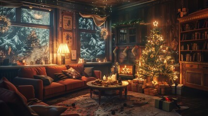 Poster - This image depicts a cozy living room decorated for Christmas, with a lit Christmas tree in the corner, a fireplace, and a couch with pillows. The room is illuminated by soft lighting, and the windows