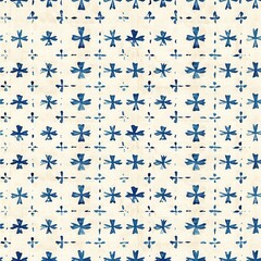 Poster - The image is a close-up of a repeating pattern of blue crosses on a white background. The crosses appear to be hand-painted, giving the image a rustic and handmade feel. The background is textured, ad