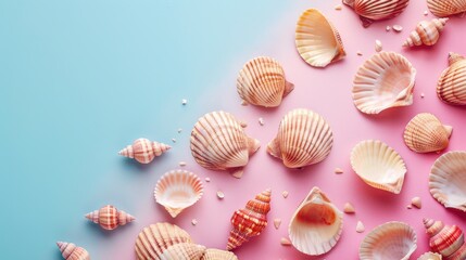 Poster - A flat lay image of various seashells arranged on a blue and pink background. The shells are of different shapes and sizes, and some are open while others are closed. The background is a gradient of b