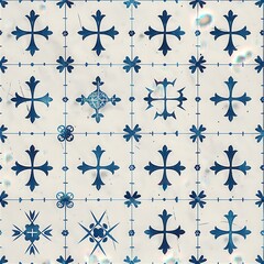 Poster - This image showcases a close-up view of a ceramic tile pattern, featuring a repeating design of blue crosses and floral motifs on a white background. The tiles exhibit a distressed aesthetic, with sub