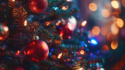 Aufkleber - A close-up image of a decorated Christmas tree with red and gold ornaments, showing the shiny textures and blurred lights in the background.