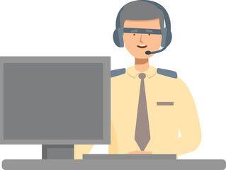 Poster - Airport employee wearing headset smiling and working at his desk on a computer
