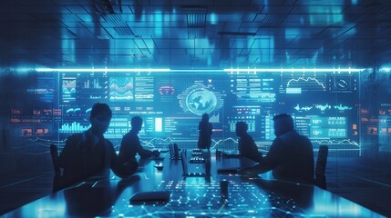 Leinwandbilder - A team of professionals sits at a desk in a modern office, working on computers while a large screen behind them displays global data and information. The screen is filled with digital dashboards, cha