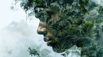 Poster - A close-up image of a mans profile, overlaid with a vibrant green jungle scene. The mans face is partially obscured by the dense foliage, creating a sense of mystery and connection to nature.