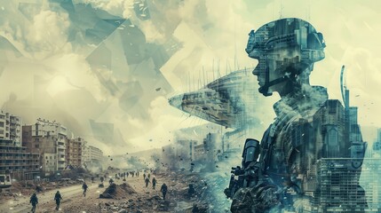 Wall Mural - A lone soldier stands in the foreground, silhouetted against a backdrop of a destroyed city. The soldier is superimposed with an image of a futuristic cityscape, hinting at the potential for technolog